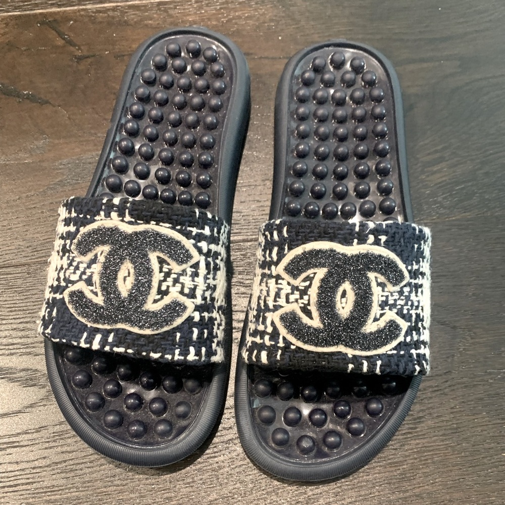 Authentic navy blue Chanel slides.